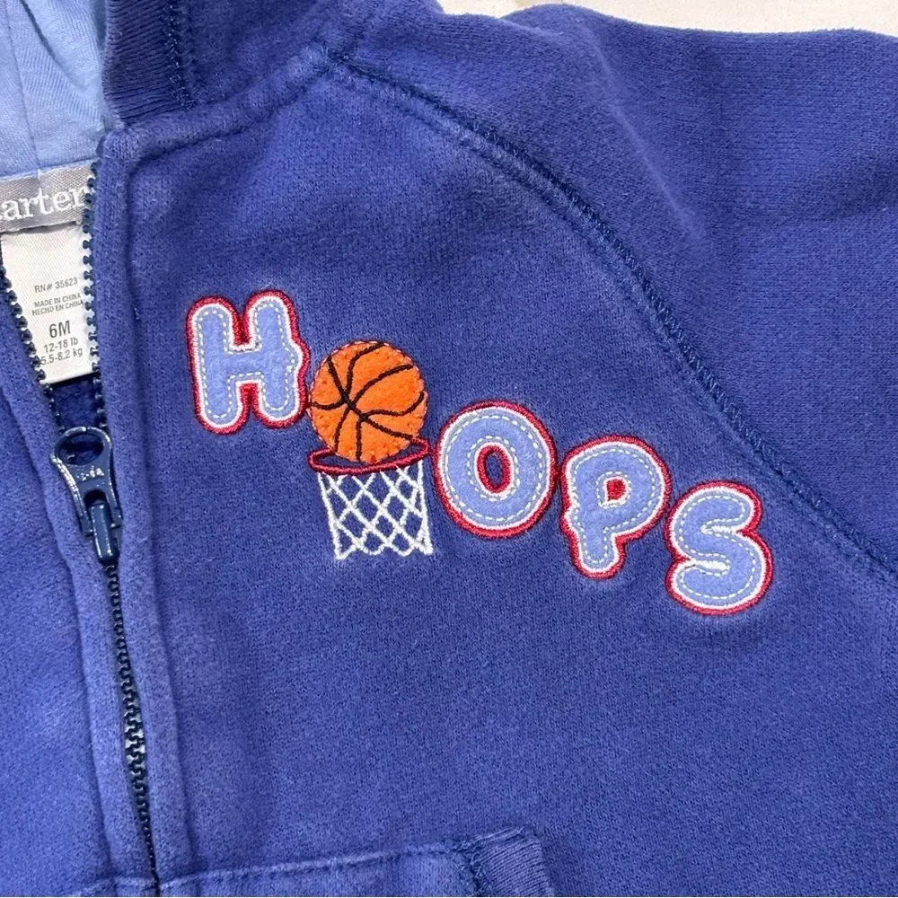 Carter's Infant Baby Blue Hoops Full Zip Hoodie Pockets Size 6M Embroidered
